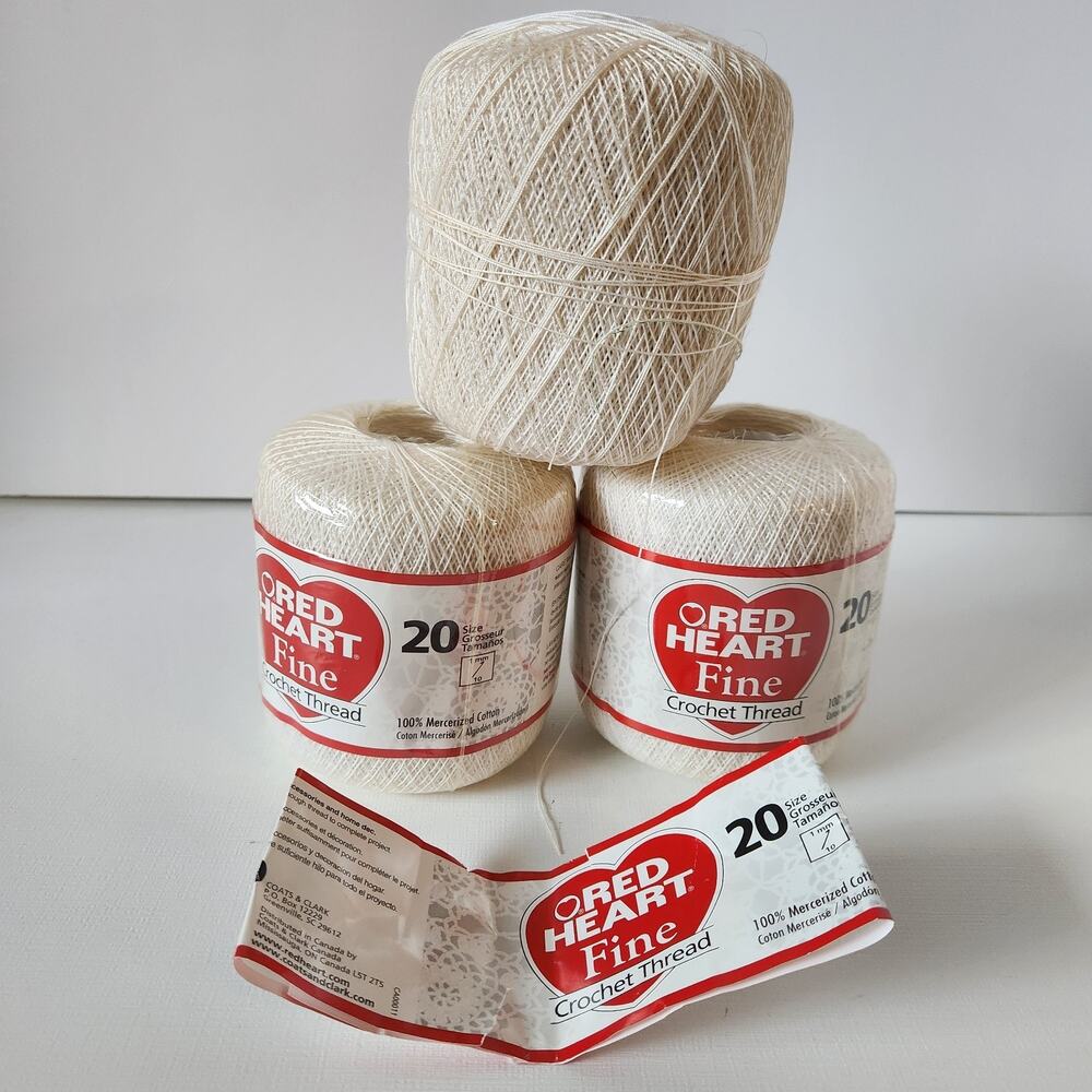 New! Lot RED HEART Fine 20 Crochet Thread 3 Skeins White 1200+ Yards NOS Cotton